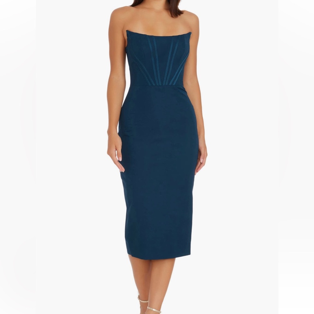 Dress the Population Blue Strapless Ruched Cocktail Dress